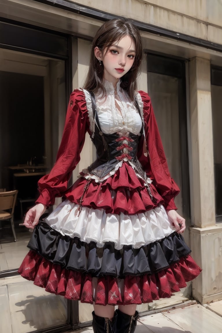 female, ((masterpiece, best quality, ultra detailed, absurdres):1.5), 1girl, bangs,beautiful,black hair,outside, long skirt,lolidress,vnaodai