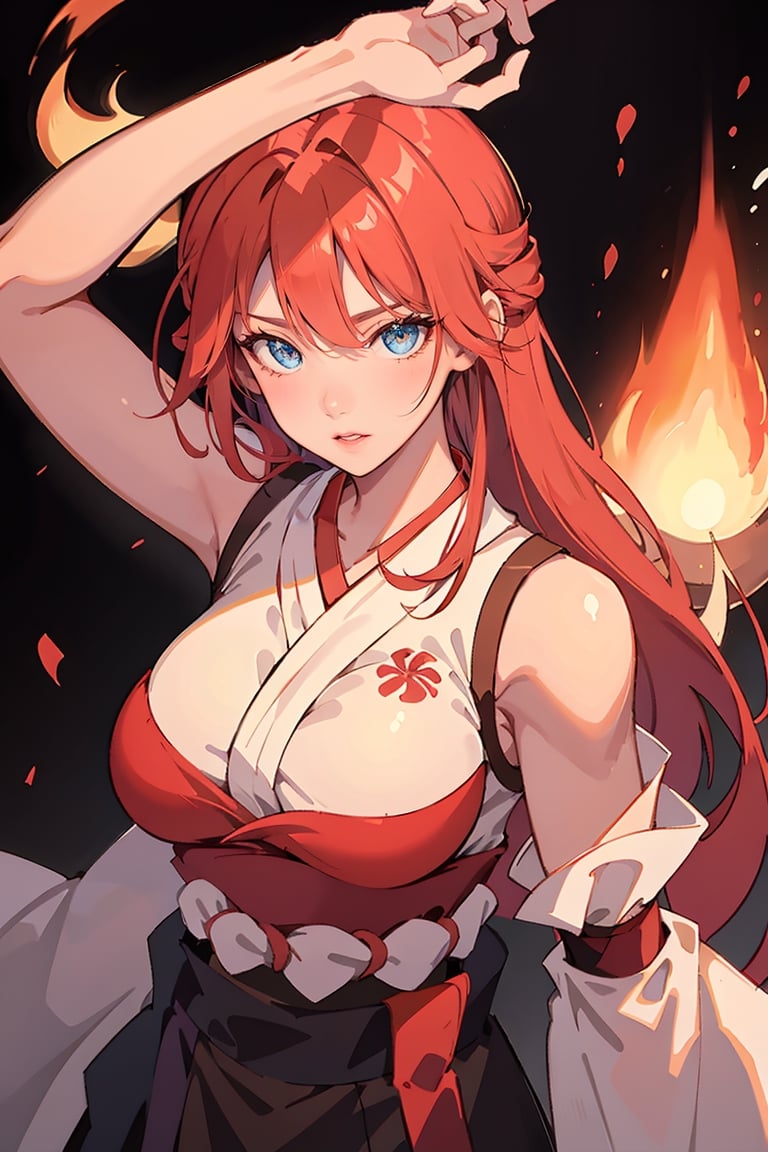 masterpiece:1.2), best quality, PIXIV, arcana, arcana, solo, red hair, white hair,fire power, long hair, dragon  fire, spirit, croptop,lina, ,1girl, kimono, witch,kiriko, from above, sarashi,bandage_bra, fire ball, fire fox,moyou