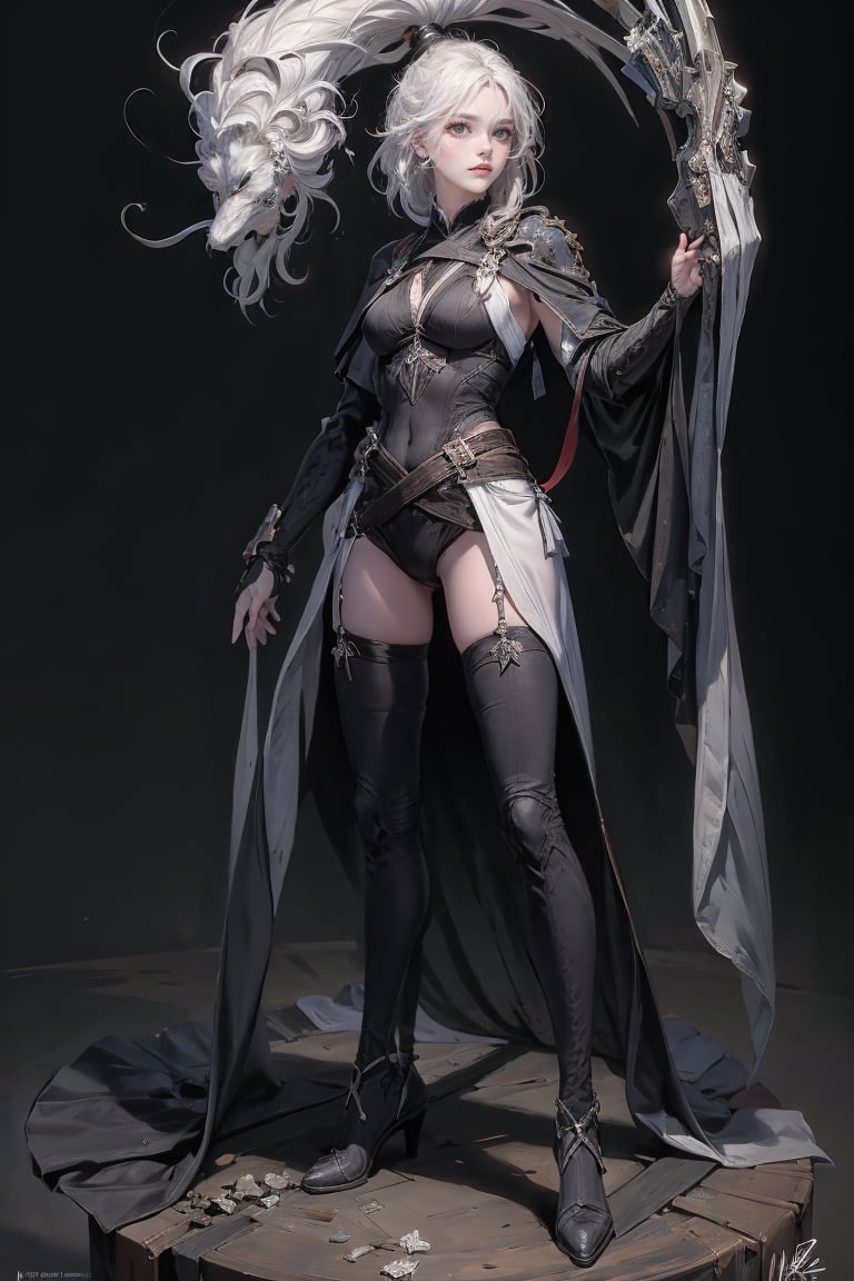 female, ((masterpiece, best quality, ultra detailed, absurdres), girl), (beauty girl), (ultra-high picture quality) ,(ultra realistic,32k, masterpiece:1.2),(high detailed skin:1.1),( high quality:1.1), A cute girl with white hair,  bow , from below,chung, full body, attack, short hair, ninja, mechanic