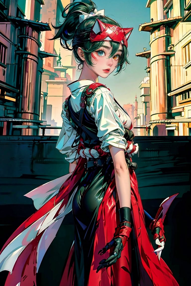 (masterpiece,  top quality,  best quality,  official art,  beautiful and aesthetic:1.2),  (1girl:1.3),  heterochromia ,green hair, ponytail, brown eyes, facial mark, red fox mask, half mask, medium breasts, white kimono, red skirt, kiriko, night city,kiriko