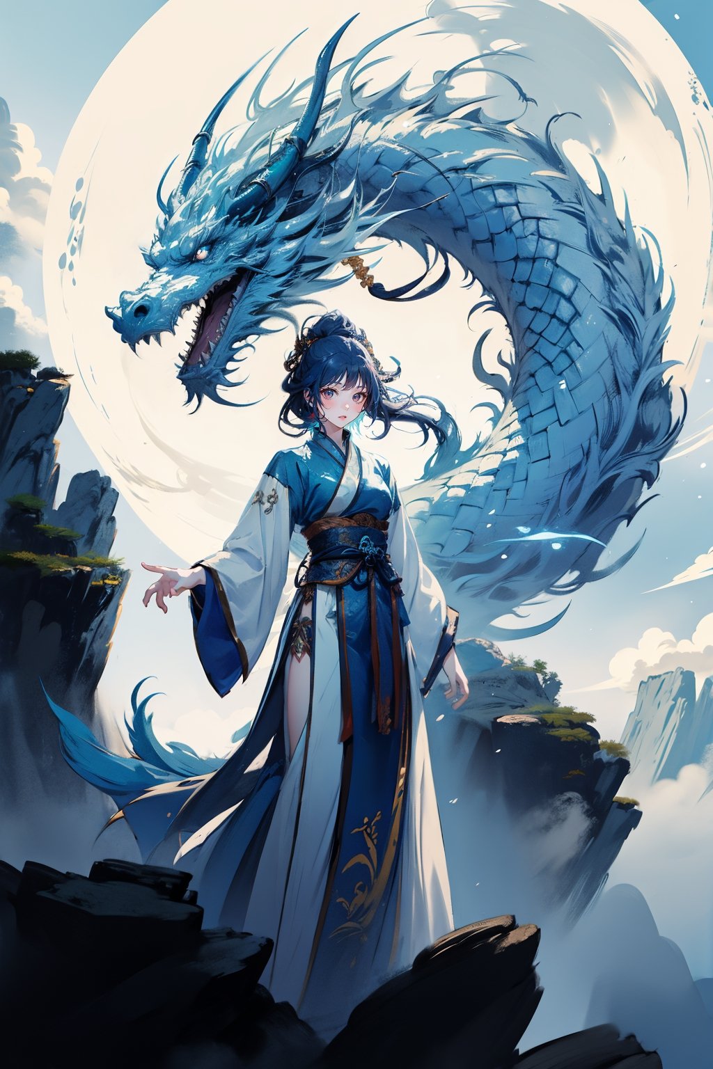 masterpiece, top quality, best quality, official art, beautiful and aesthetic:1.2), (1girl:1.3), , girl, blue hair, hanfu fashion, chinese dragon, eastern dragon, white theme, volumetric lighting, ultra-high quality, photorealistic, rock moutain background