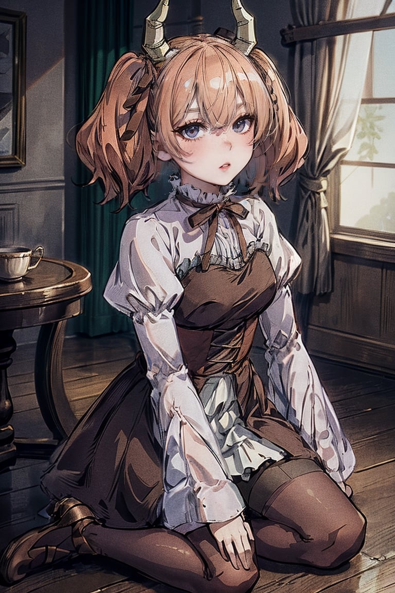 female, ((masterpiece, best quality, ultra detailed, absurdres),
liniefrieren, long sleeves, ribbon, hair between eyes, twintails, hair ribbon, horns, puffy sleeves, juliet sleeves, brown bow, brown ribbon, pantyhose, brown footwear, brown dress, wide sleeves,liniefrieren