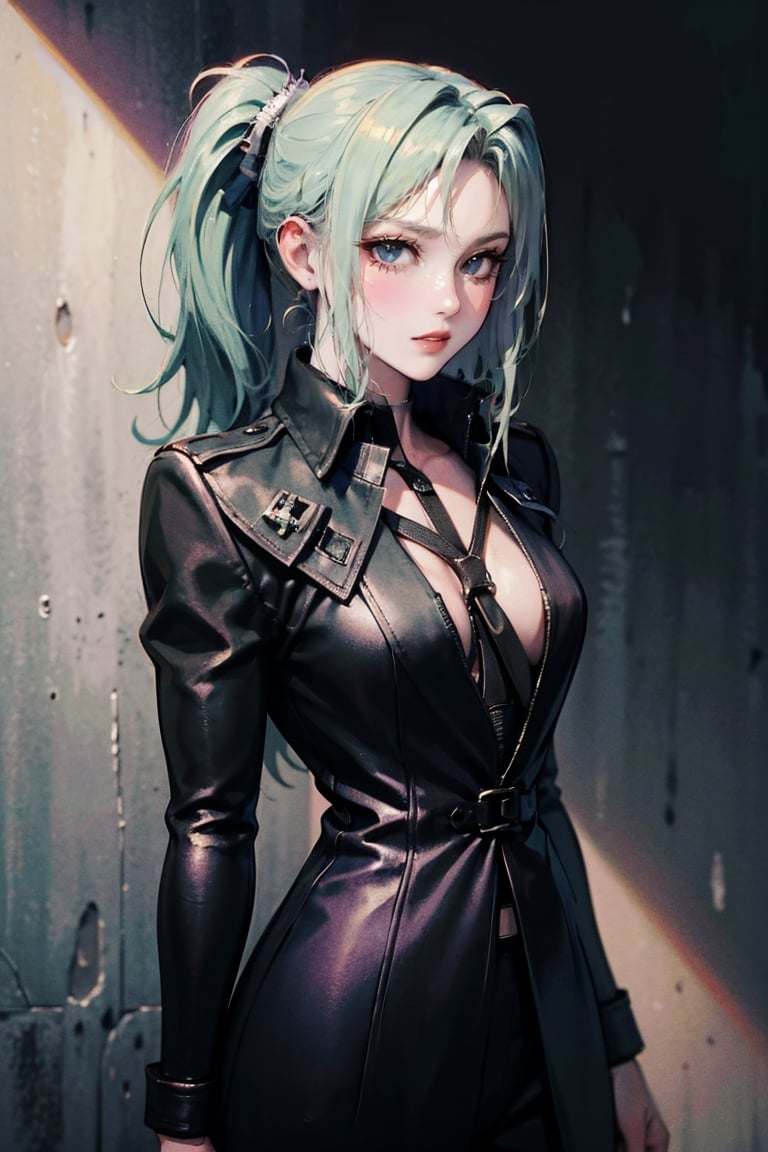 female, ((masterpiece, best quality, ultra detailed, absurdres), ubel, medium hair, hair between eyes, green hair, side ponytail, (purple eyes:1.1),sephiroth 