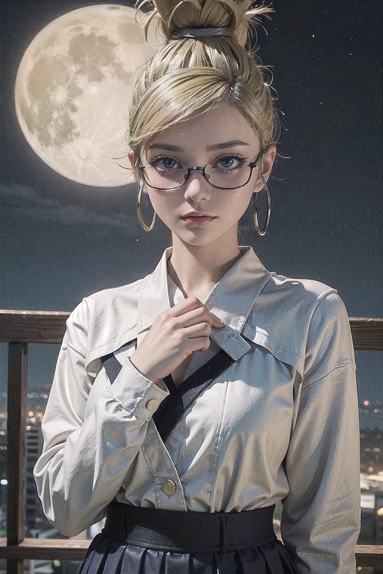 1girl,female, ((masterpiece, best quality, ultra detailed, absurdres), upper body, short moon, hime cut, shirt, long dress,HimikoT, blond_hair, school_uniform,  skirt,seiko_wz