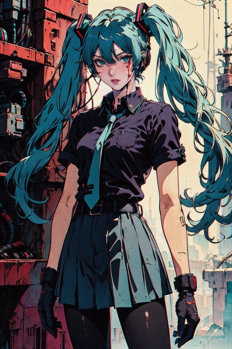 female, ((masterpiece, best quality, ultra detailed, absurdres):1, mikusound,miku, hatsune_miku, skirt, holding,shirt, gloves, holding, hair between eyes, twintails, very long hair, closed mouth, standing, short sleeves, pantyhose, pleated skirt, necktie, collared shirt, belt, miniskirt, aqua eyes, blue skirt, black pantyhose, black shirt, aqua hair,head phone, photorealistic,
