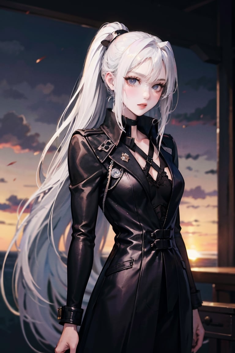 female, ((masterpiece, best quality, ultra detailed, absurdres), ubel, medium hair, hair between eyes, white hair, side ponytail, (purple eyes:1.1),sephiroth , very long hair, 