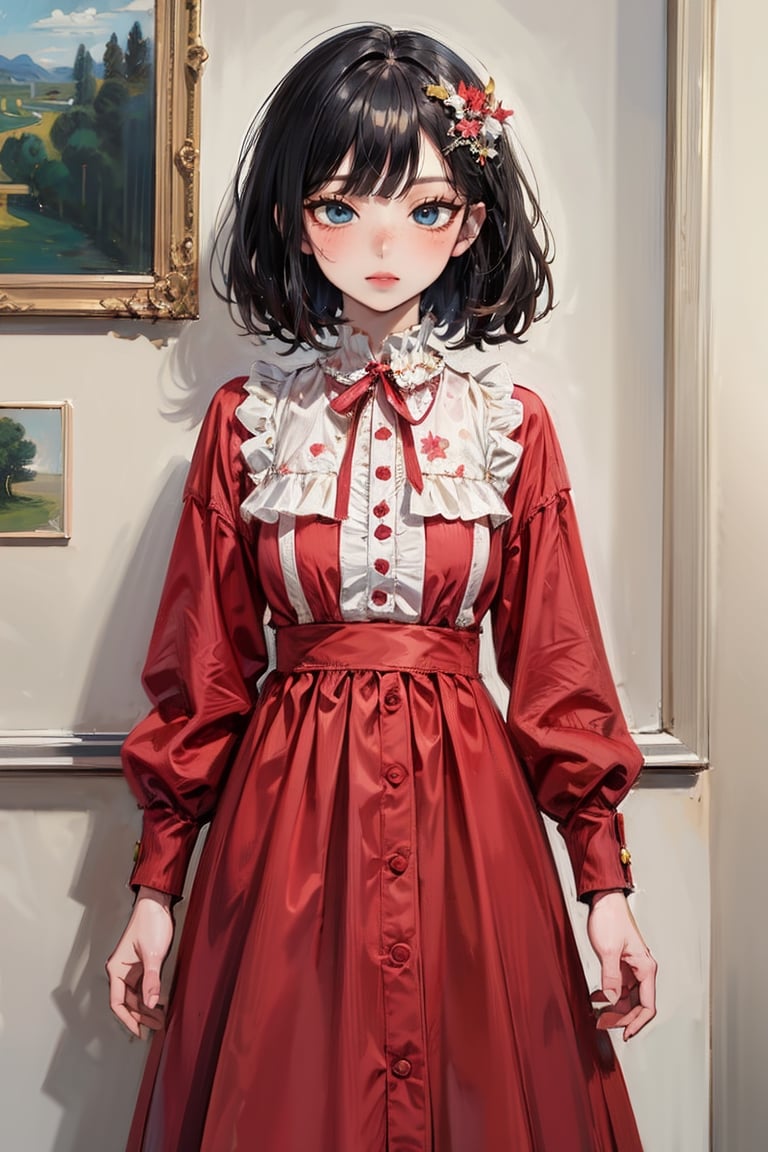 female, ((masterpiece, best quality, ultra detailed, absurdres):1.5), 1girl, bangs,beautiful,black hair,outside, long skirt,lolidress,vnaodai, upper_body