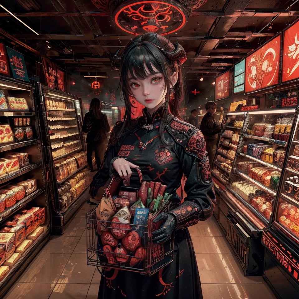 1girl,AgoonGirl,High detailed,, (xx)1girl,masterpiece, best quality, 8K,highres,absurdres:1.2, ,konbini,masterpiece, best quality, ultra-detailed, illustration,konbini, indoors,1girl in convenience store, demonictech,scifi,supermarket, shopping