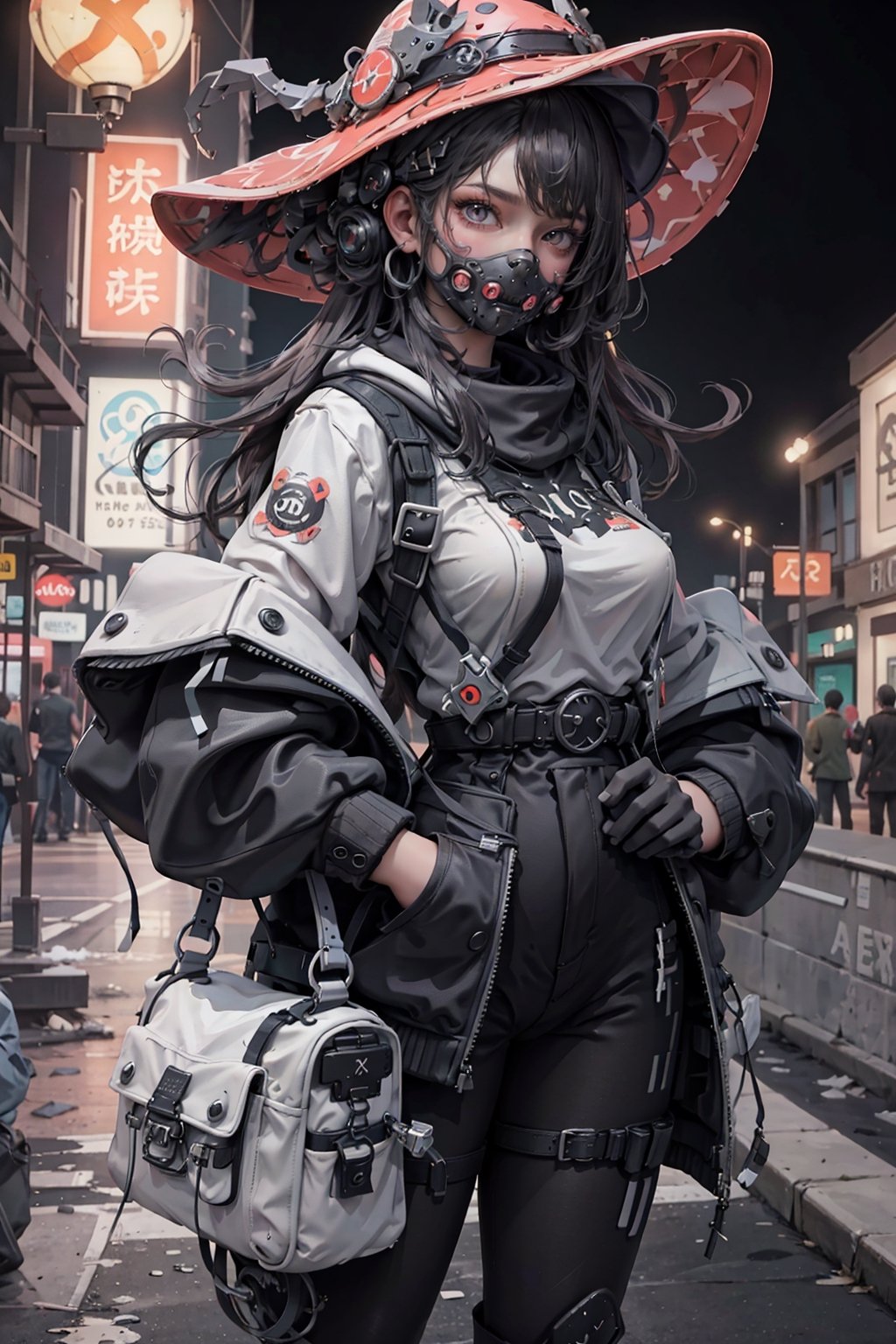 AgoonGirl,High detailed,, (xx)1girl,masterpiece, best quality, 8K,highres, absurdres:1.2,perfecteyes, ptechpunkmask,nijilorawolf, standing on the city
, neon light , witch_hat