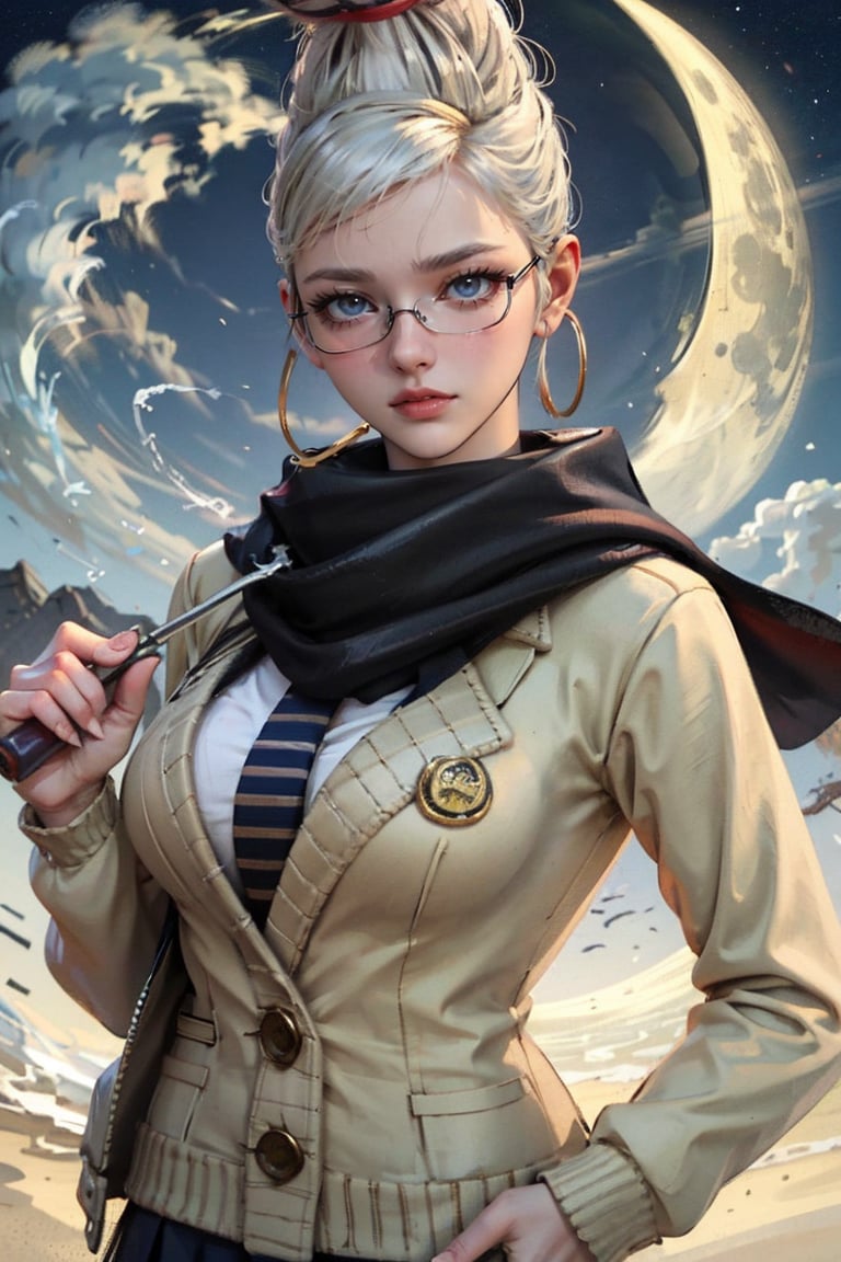 1girl,female, ((masterpiece, best quality, ultra detailed, absurdres), upper body, short moon, hime cut, shirt, long dress,HimikoT, blond_hair, school_uniform,  skirt