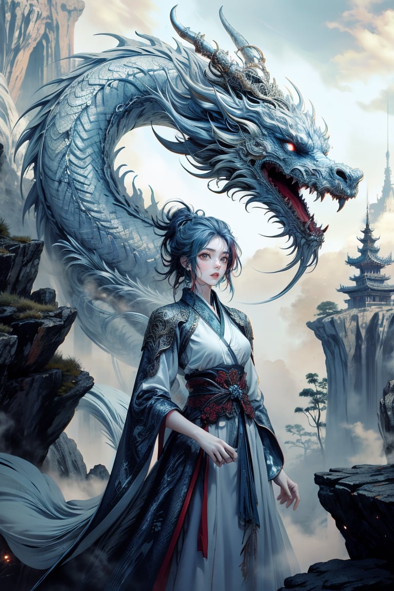 masterpiece, top quality, best quality, official art, beautiful and aesthetic:1.2), (1girl:1.3), , girl, blue hair, hanfu fashion, chinese dragon, eastern dragon, white theme, volumetric lighting, ultra-high quality, photorealistic, rock moutain background,SharpEyess,vamptech,AgoonGirl