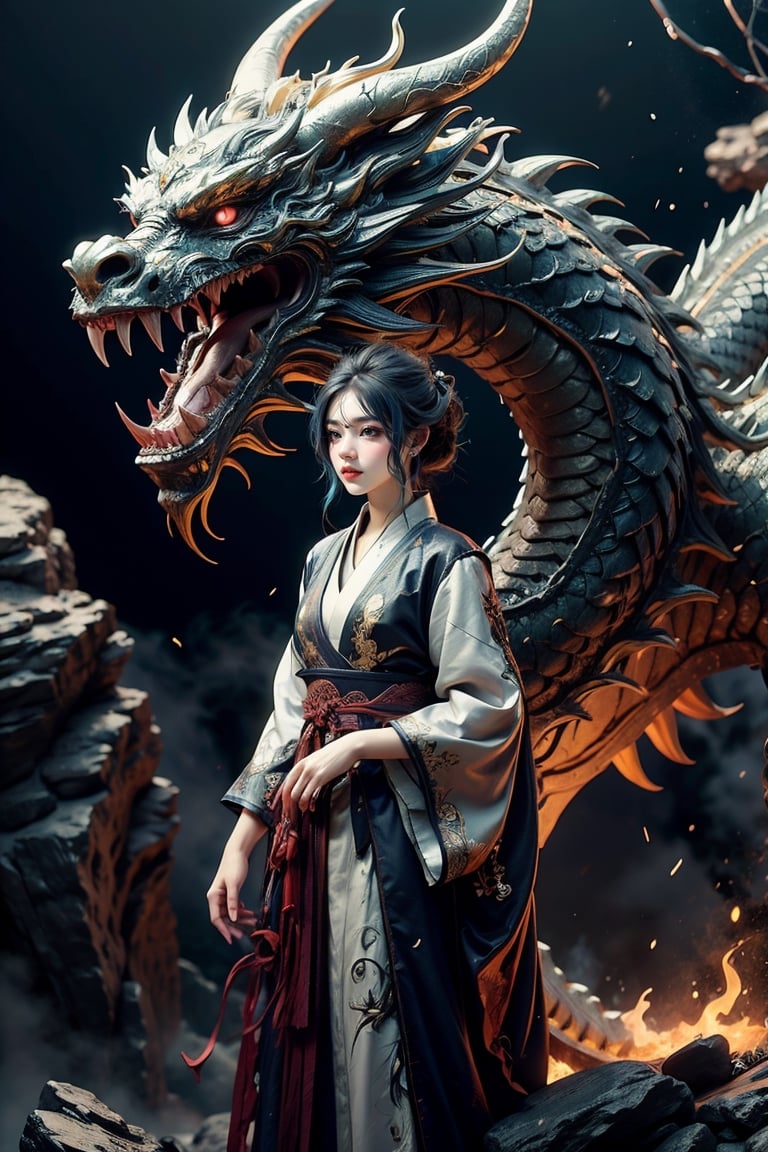 masterpiece, top quality, best quality, official art, beautiful and aesthetic:1.2), (1girl:1.3), , girl, blue hair, hanfu fashion, chinese dragon, eastern dragon, dark theme, volumetric lighting, ultra-high quality, photorealistic, rock moutain background,SharpEyess,AgoonGirl,concept_dragon photo,demonictech