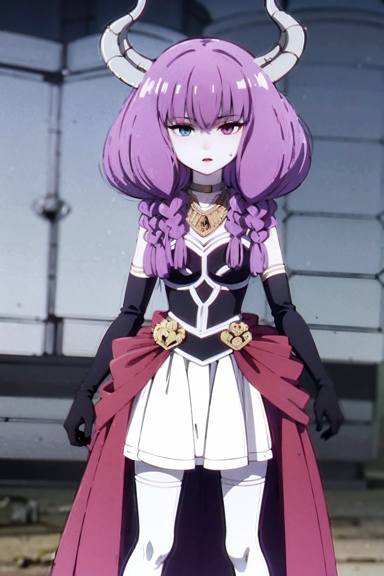 (masterpiece,  top quality,  best quality,  official art,  beautiful and aesthetic:1.2),  (1girl:1.3),  heterochromia , aura the guillotine, long hair, (purple eyes:1.1), purple hair, braid, horns, twin braids,skirt, thighhighs, gloves, choker, black gloves, elbow gloves, ,aura the guillotine, shadows, summoning undead soldiers