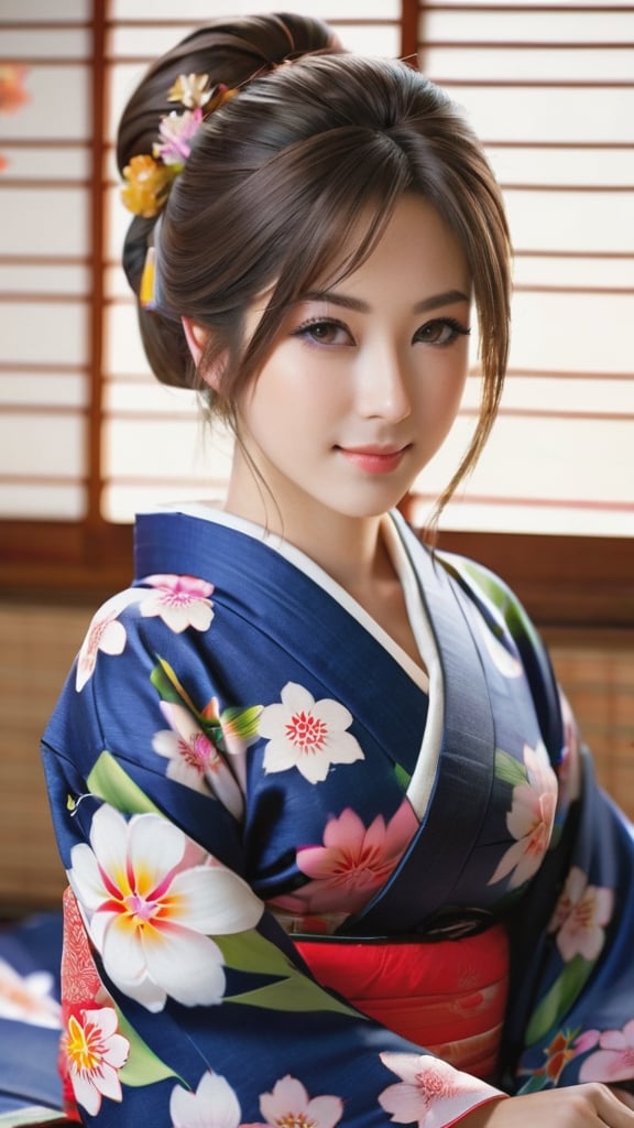 1girl, extremely cute face, Amazing face and eyes, (highly detailed eyes, highly detailed face), Fresh, very clean appearance, (hyper-realistic, hight resolution), (best Quality:1.4), Raw photo, (Realistic, Photorealsitic:1.37), Professional Photography, (floral pattern yukata:1.25), (amazing big breasts:1.1), (open yukata), (bare shoulders), Smile slightly, (staring at me), Bedroom, futon, pillow, floral patterned screens, relaxing, ,Realism,Portrait,Young beauty spirit ,Best face ever in the world