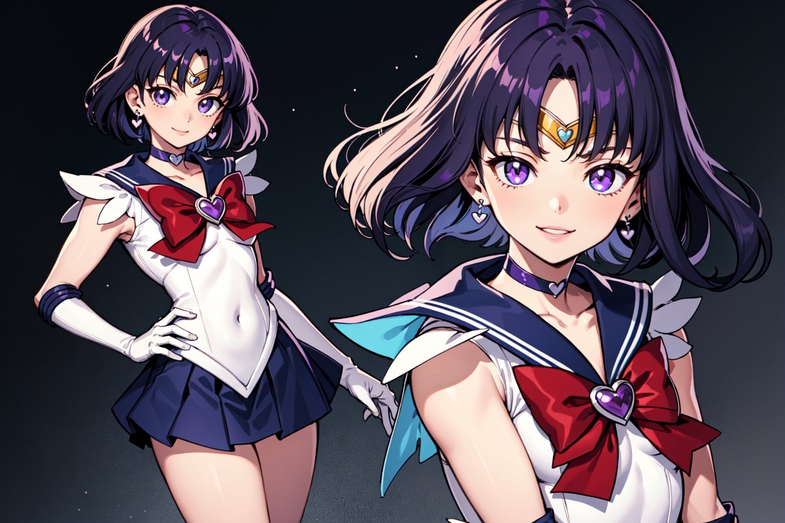  masterpiece, best quality, high resolution, unity 8k wallpaper, beautiful detailed eyes, extremely detailed face, perfect lighting, extremely detailed CG, perfect hands, perfect anatomy

sailor saturn, purple eyes, short hair, purple hair
purple sailor collar, purple sailor collar

bow, brooch, choker, earrings, elbow gloves, gloves, heart, heart brooch, sailor collar, skirt, pleated skirt, sailor collar, sailor senshi uniform, skirt, stud earrings, white gloves

smiling, twinkle in the eyes, hero pose, straight legs to sides,sailor uranus,sailor neptune,sailordress