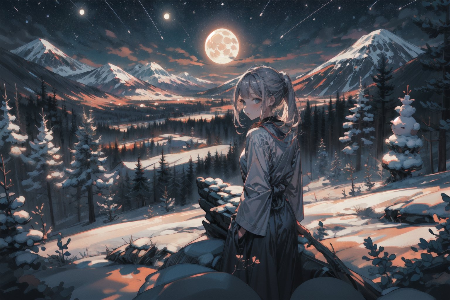 female snowman, sexy, mountain, moon, stars, valley, gnarly pine trees