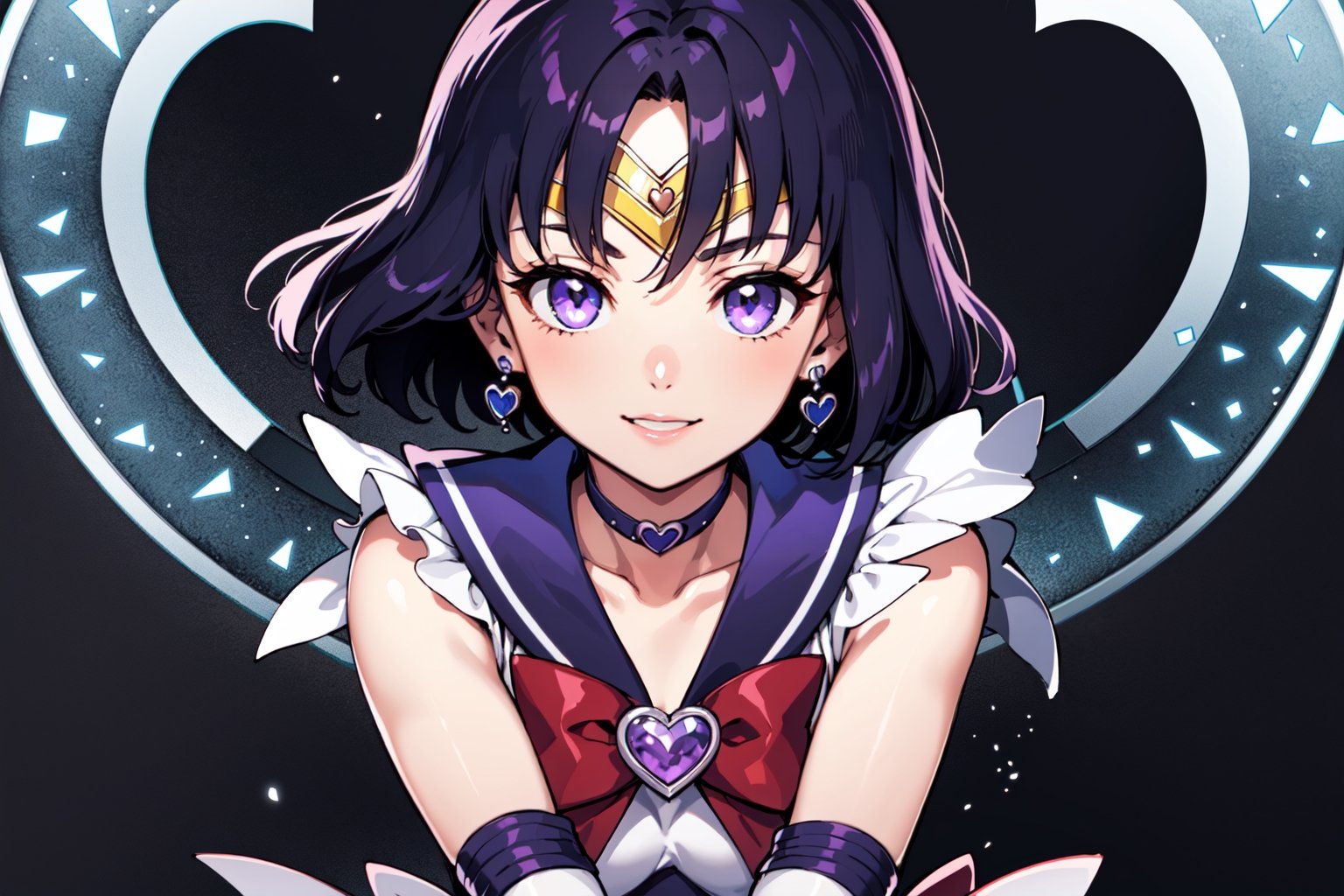  masterpiece, best quality, high resolution, unity 8k wallpaper, beautiful detailed eyes, extremely detailed face, perfect lighting, extremely detailed CG, perfect hands, perfect anatomy

sailor saturn, purple eyes, short hair, purple hair
purple sailor collar, purple sailor collar

bow, brooch, choker, earrings, elbow gloves, gloves, heart, heart brooch, sailor collar, skirt, pleated skirt, sailor collar, sailor senshi uniform, skirt, stud earrings, white gloves

smiling, twinkle in the eyes, hero pose, straight legs to sides,sailor uranus,sailor neptune,sailordress