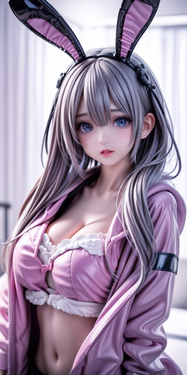 1girl, (futuristic detailed realistic background:1.3), (official art, beautiful and aesthetic:1.2), realistic lighting, 1girl, ( pink rabbit fluffy parka coat:1.43523), ((blue eyes)), blurry, open mouth,  blurry background,  hair ornament, lips, looking at viewer, round chest, navel, pauldrons, twintails , solo,  ( cute, petite:1.2 ), slender, latex, 
midjourney, ,<lora:659111690174031528:1.0>