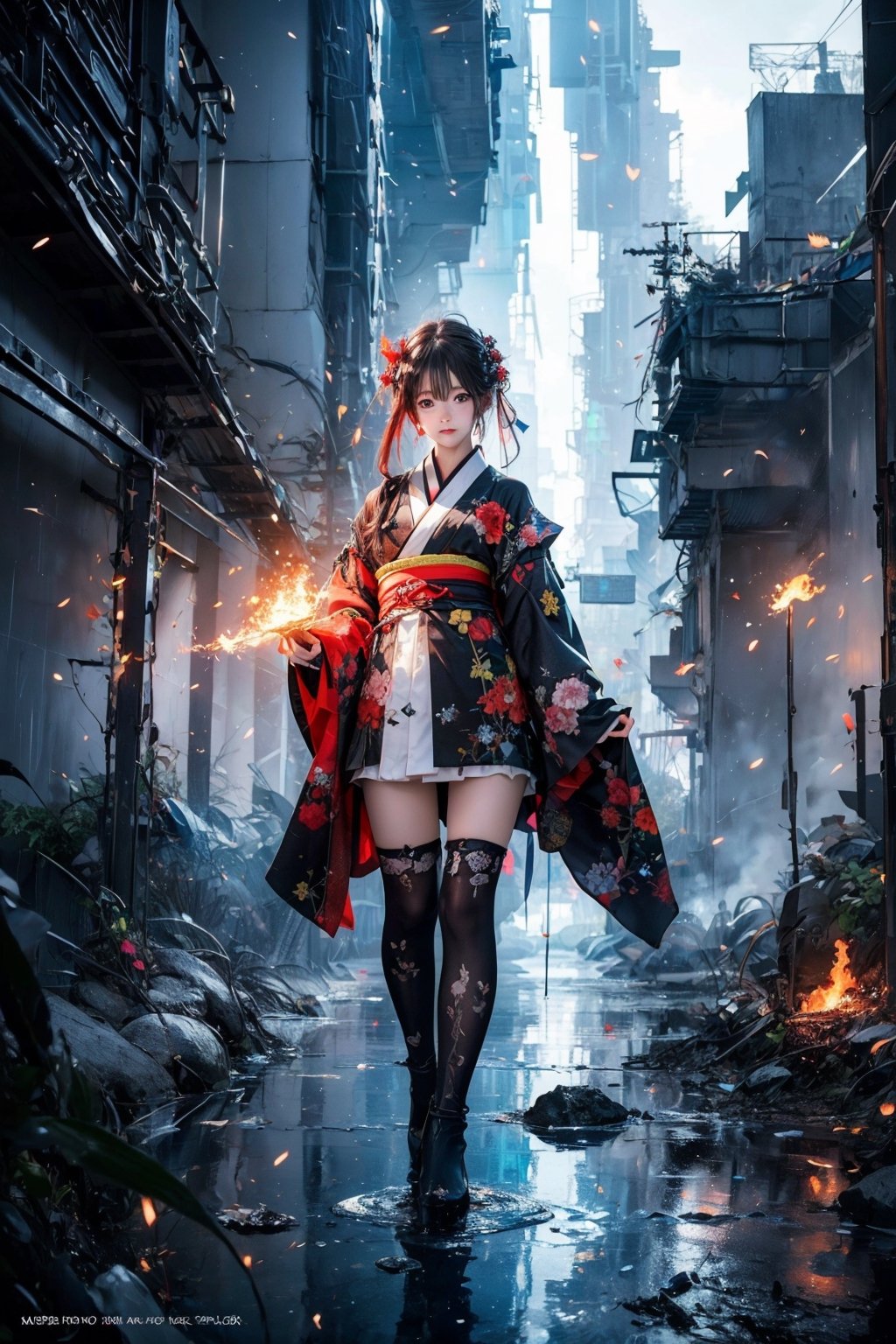 (masterpiece,  top quality,  best quality,  official art,  beautiful and aesthetic:1.2),  medium full shot, (1girl), tiny and tall,  kimono girl, extreme detailed, (abstract,  fractal art:1.3), colorful hair, highest detailed,  detailed_eyes,  fire,  water,  ice,  lightning,  light_particles,  ,midjourney