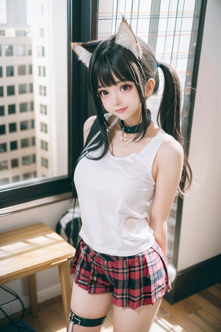 1girl, solo, long hair, hot short pants, sleeveless shirt, black hair, standing, white shirt, short sleeves, indoors, blunt bangs, plaid, feet out of frame, plaid skirt, arms behind back, realistic, side back, messy hair, hyper realistic, dynamic angles from above, cute smile, cat_collar, 
,hina