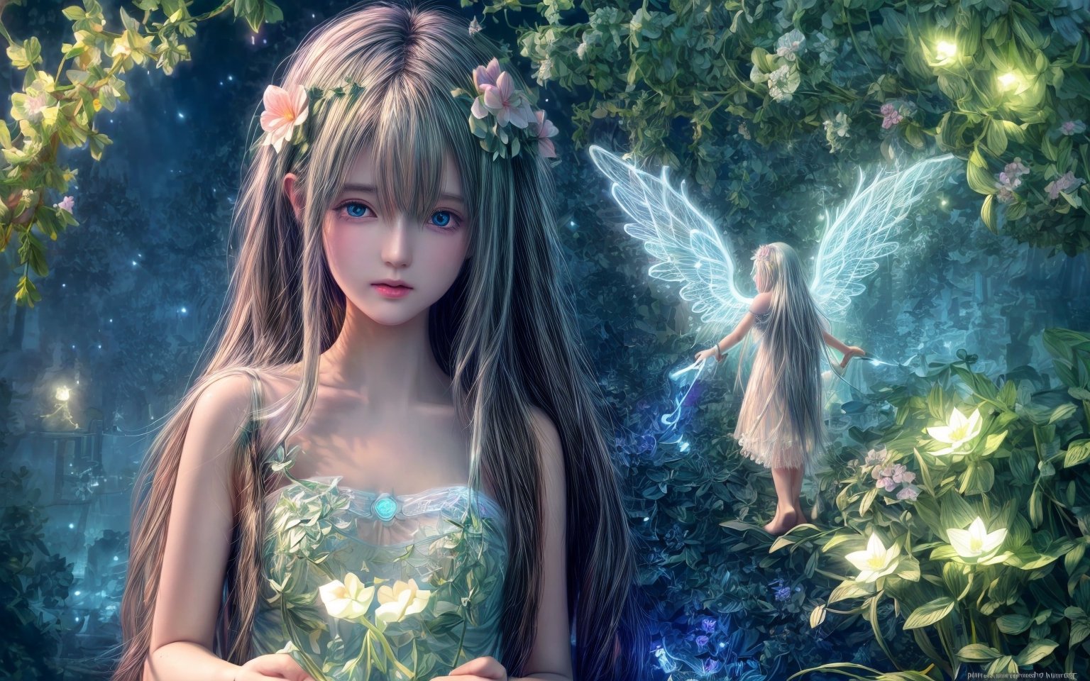 Ultra detailed illustration of an angel lost in a magical world full of wonders, unique luminous flora never seen before, highly detailed, pastel colors,  digital art, art by Mschiffer, night, dark, bioluminescence