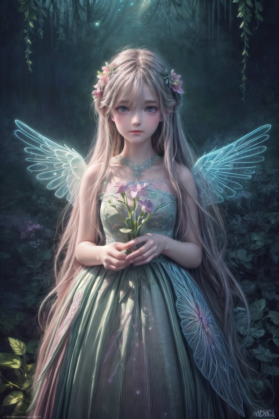 Ultra detailed illustration of an angel lost in a magical world full of wonders, luminous flora and unique luminous fauna never seen before, highly detailed, pastel colors, hand painted strokes, visible strokes, digital art, art by Mschiffer, night, dark, bioluminescence