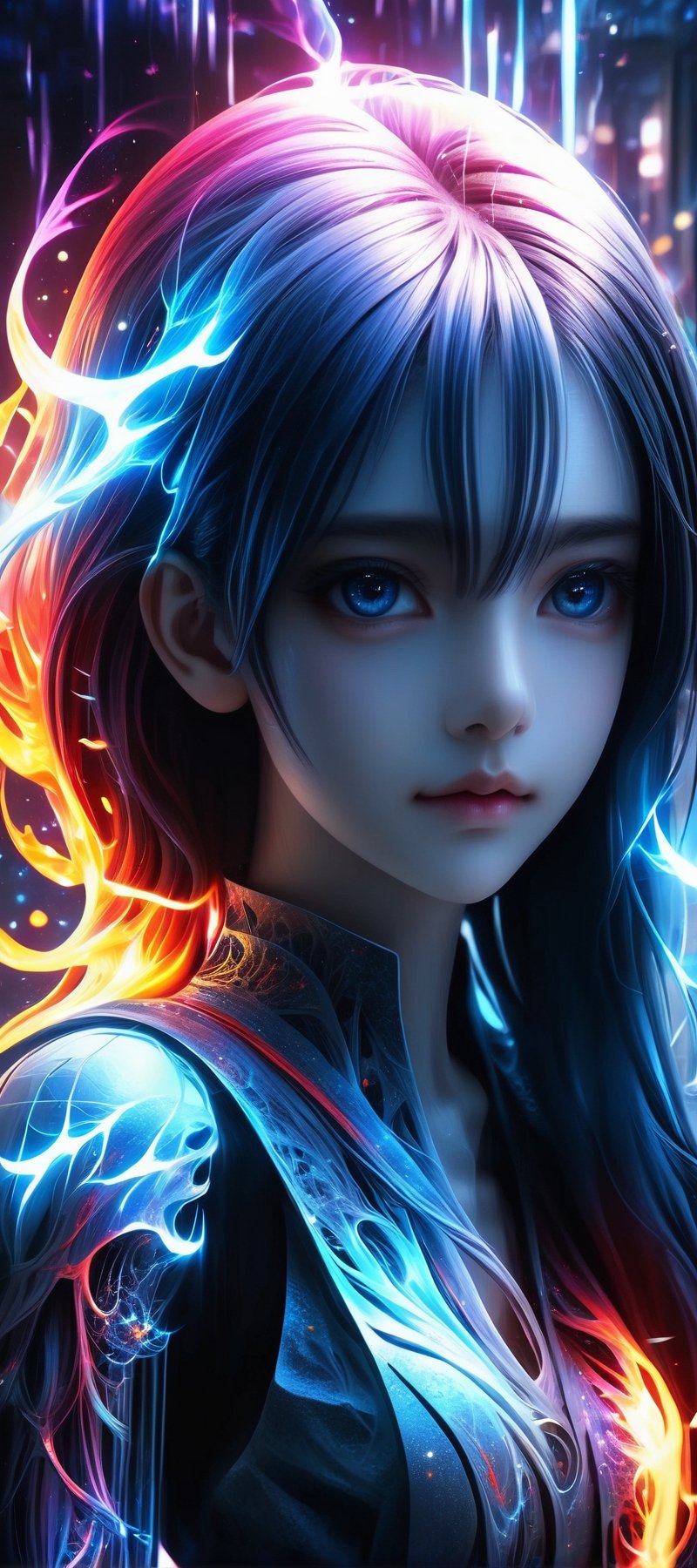 1girl,  (masterpiece, top quality, best quality, official art, beautiful and aesthetic:1.2), (1man), extreme detailed,(abstract, fractal art:1.3),colorful hair,highest detailed, detailed_eyes, fire, water, ice, lightning, light_particles, ghost,glitter,Strong Backlit Particles,yeseo,photo r3al