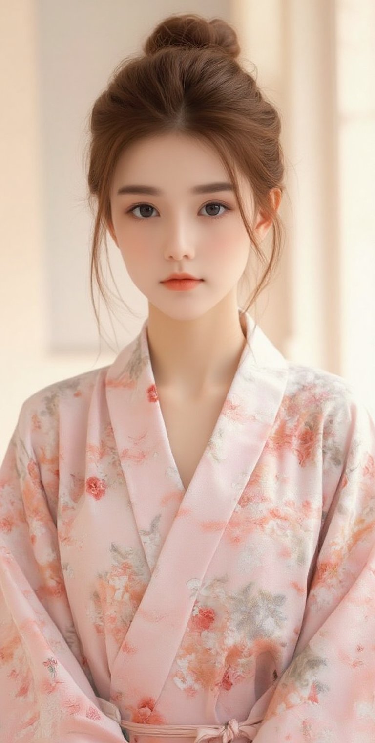 A very beautiful girl looking at viewer, kimono, light theme, front view, upper body, masterpiece quality, stunning image, digital art, professional style, pretty detailed, perfect anatomy, Sumi-e,洛可可藝術,绝美之作。,Una