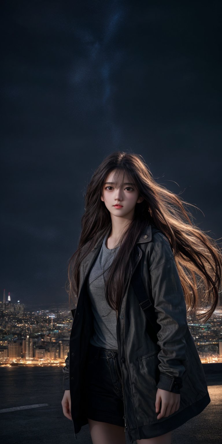 Best quality,  masterpiece,  ultra high res,  photorealistic,  (medium full shot:1.3),  raw photo,  a young girl,  17 year old,  long hair in the wind,  grey eyes,  perfect body pose,  dynamic lighting,  in the dark,  deep shadow,  cinematic image,  dark city,  floating city on the background.,