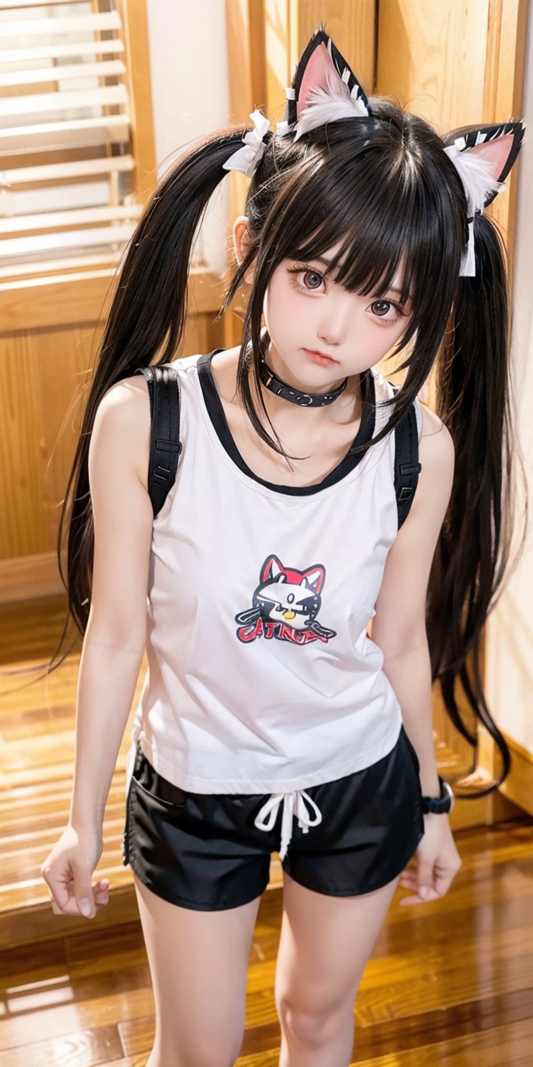 1girl, solo, long hair, hot short pants, sleeveless shirt, black hair, standing, white shirt, short sleeves, indoors, blunt bangs, plaid, feet out of frame, realistic, side back, messy twin tails hair, hyper realistic, dynamic angles from above, ((cute angry)), cat_collar, 
