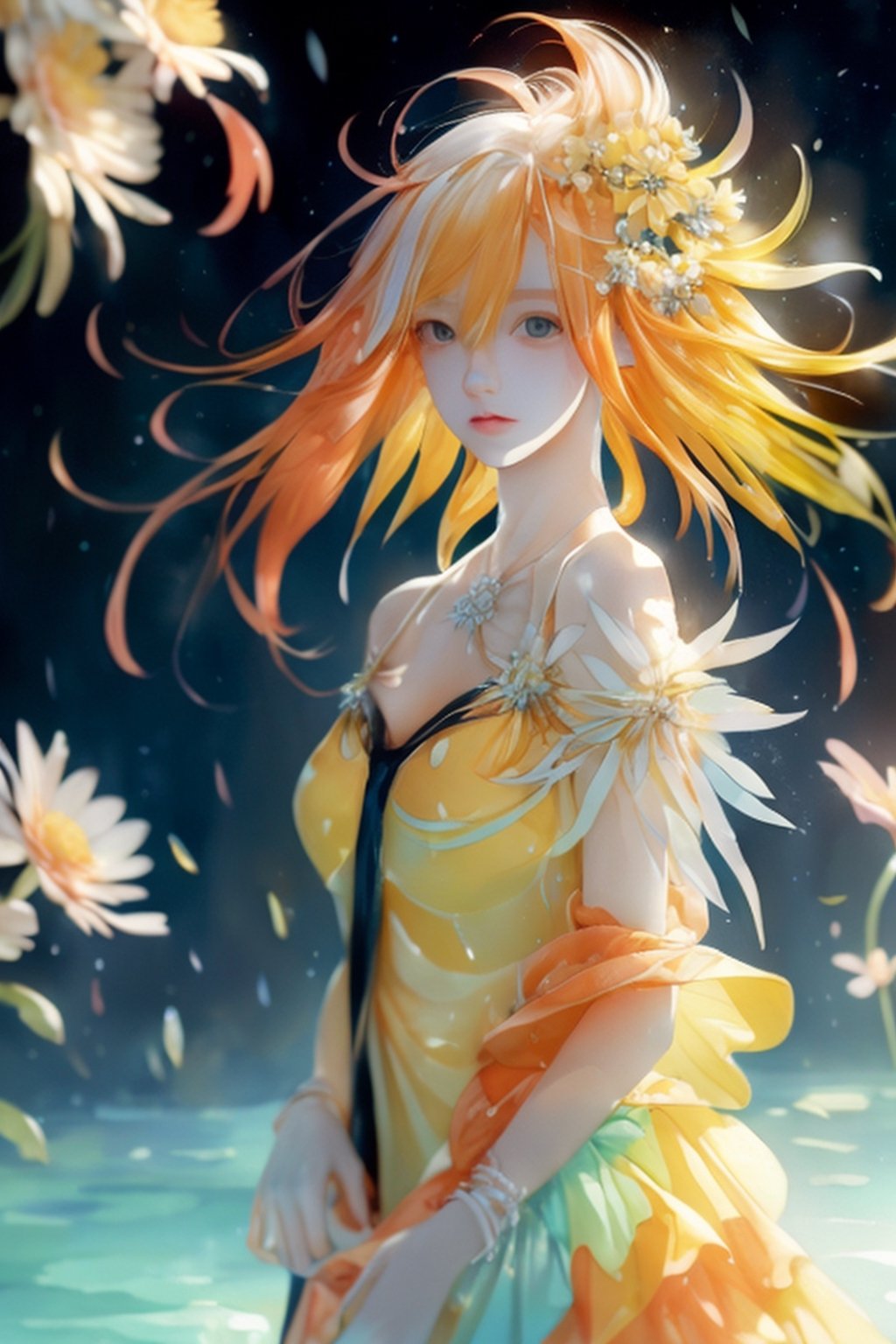 Watercolor painting, (Beautifully Aesthetic:1.2), (1girl:1.3), (colorful hair, Half orange and half yellow hair:1.2), water, liquid, natta, colorful, Orange and yellow anemone flowers bloom around, Anemone blooming on the head, beautiful night, Starry sky, It's raining, Sateen, Fantastic night out,watercolor
,1 girl,midjourney,yuzu