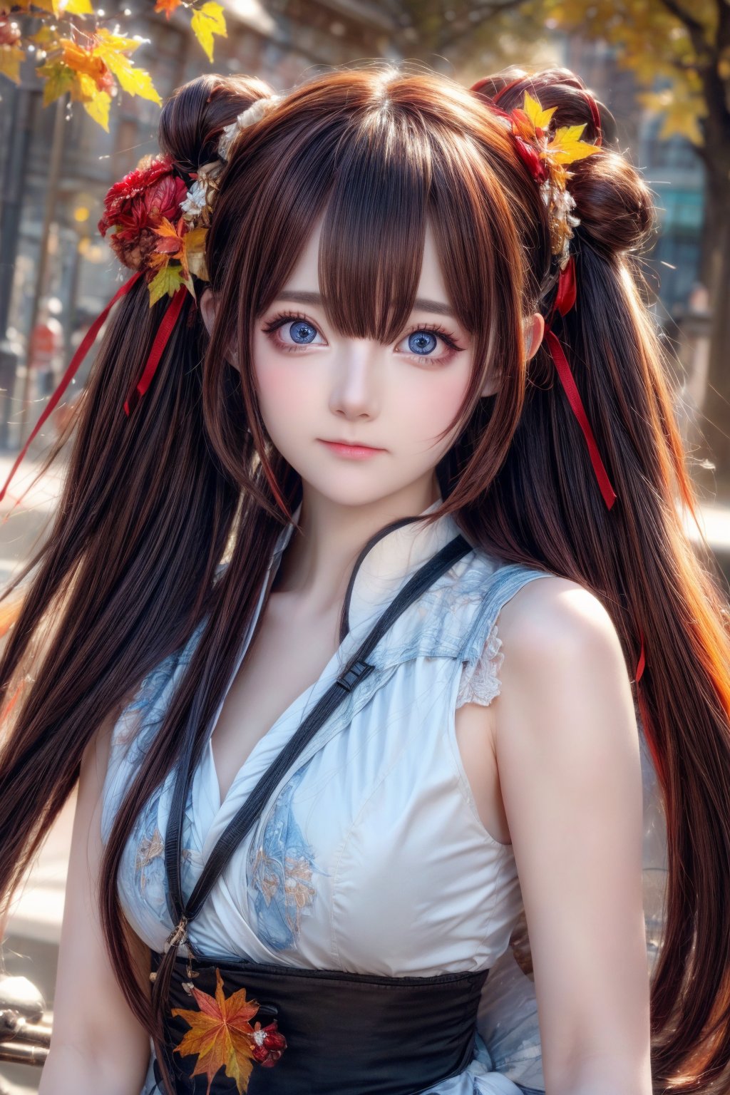 (8k, best quality, masterpiece:1.2),(best quality:1.0), (ultra highres:1.0), a beautiful girl, hair ribbons, by agnes cecile, from head to waist, extremely luminous bright design,autumn lights, long hair, big eyes, amazing eyes, details eyes,
