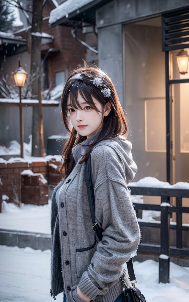 a woman, grey sweater, winter clothes, light snow falling, romantic atomsphere, intricate brush strokes, beautiful lighting, Color Grading, Unreal Engine, creative, expressive, stylized anatomy, digital art, Adobe Photoshop,  