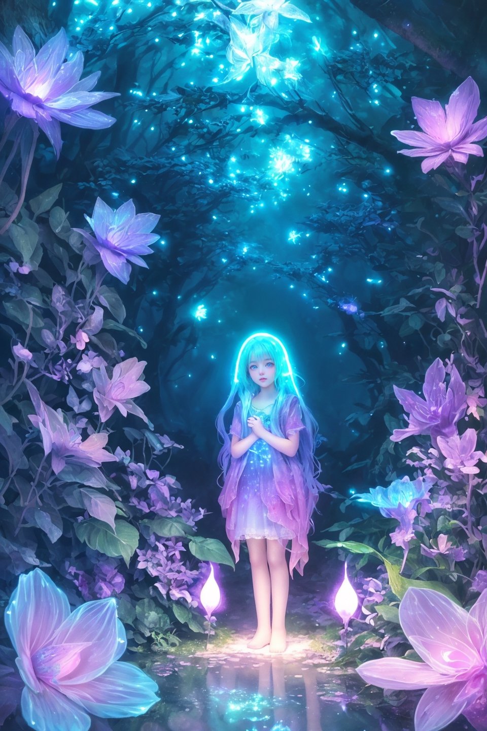 Ultra detailed illustration of a girl lost in a magical world full of wonders forest, (unique luminous flora never seen before:1.4), highly detailed, pastel colors,  digital art, art by Mschiffer, night, dark, bioluminescence,1girl