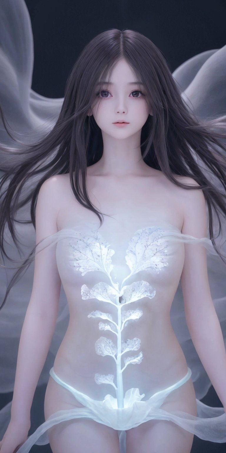 Ultra detailed realistic of a young girl lost in a magical world full of wonders, unique luminous flora never seen before, highly detailed, pastel colours, digital art, art by Mschiffer, night, dark, bioluminescence, slim, tall, perfect upper body, dynamic pose, pale skin, black hair, clear eyes, white skin, (long flowing hair, floating hair, long hair, messy hair), ((long floating sheers)), perfect fingers, long bangs, medium shot, upper body, in the dark, deep shadow, low key, intricate fractal art
