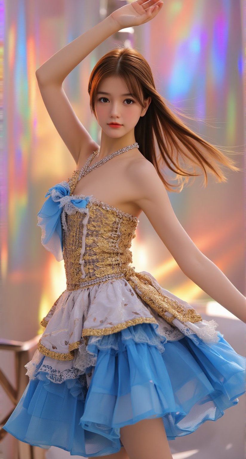 A young girl with long, brown hair flows like a river down her back as she strikes a dramatic pose in the center of the frame. She wears a stunning blue, gold, and white dress that undulates like waves, exuding beauty and elegance. Against a radiant holographic background that shimmers like a rainbow at sunset, her figure is highlighted against the vibrant colors. The 8K photograph captures every detail of this Una-inspired scene, as if it's frozen in time.