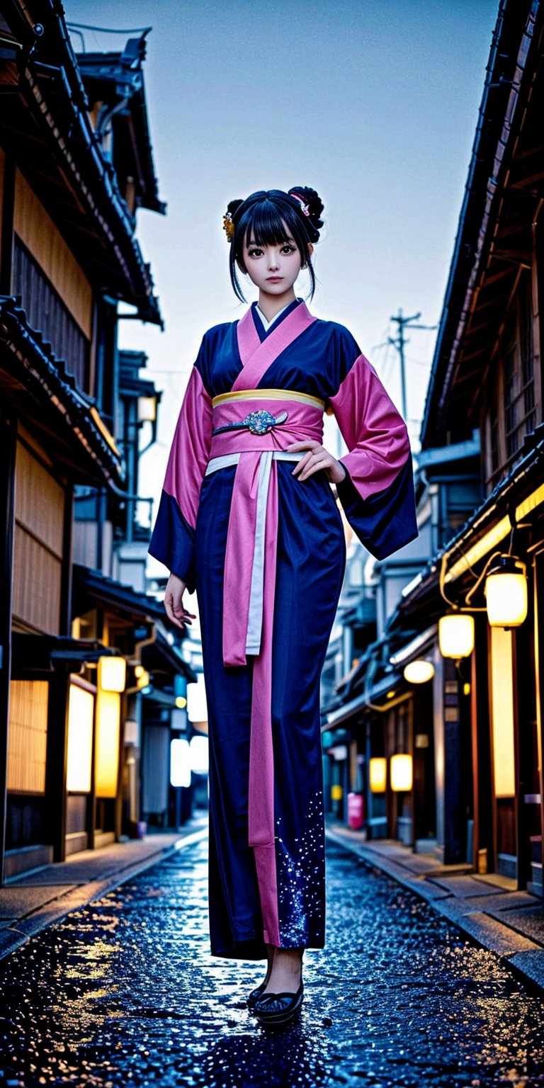 A stunning Japanese beauty stands poised in a futuristic Kyoto street at dusk, her kimono radiating bioluminescent threads that softly illuminate the neon-lit surroundings. Her geisha-inspired updo features intricate kanzashi accents shimmering in harmony with digital panels on nearby temples. The evening sky is filled with flying vehicles, their reflections casting dynamic patterns on the pavement below. In the foreground, interactive stalls glow with vibrant holograms of traditional and modern goods, adding a touch of futuristic flair to this captivating scene.