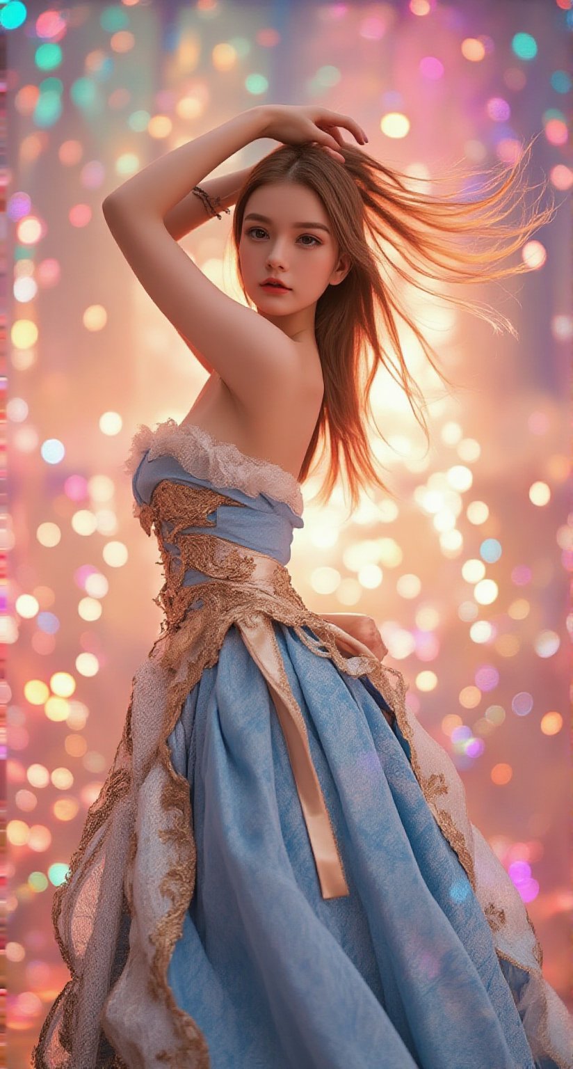 A young girl with long, brown hair flows like a river down her back as she strikes a dramatic pose in the center of the frame. She wears a stunning blue, gold, and white dress that undulates like waves, exuding beauty and elegance. Against a radiant holographic background that shimmers like a rainbow at sunset, her figure is highlighted against the vibrant colors. The 8K photograph captures every detail of this Una-inspired scene, as if it's frozen in time.