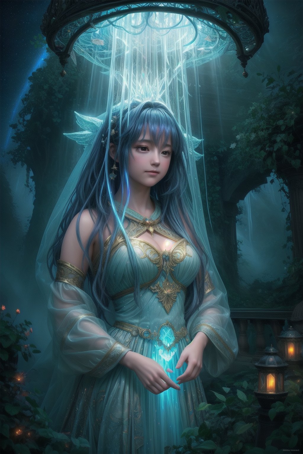 A whimsical tableau emerges as a girl with cascading tresses, like a waterfall's misty veil, commands the frame, enveloped by delicate filigree patterns radiating iridescent lights. Rim lighting casts a warm glow on her cherubic visage, while volumetric lighting adds depth to this ethereal fantasy realm. Rich hues and sharp focus bring the subject to vivid life, evoking Dan Mumford's and Marc Simonetti's fantastical masterworks. Astrophotography-inspired stars sparkle in the background, infusing magic into this breathtaking piece of artgerm-inspired digital art.