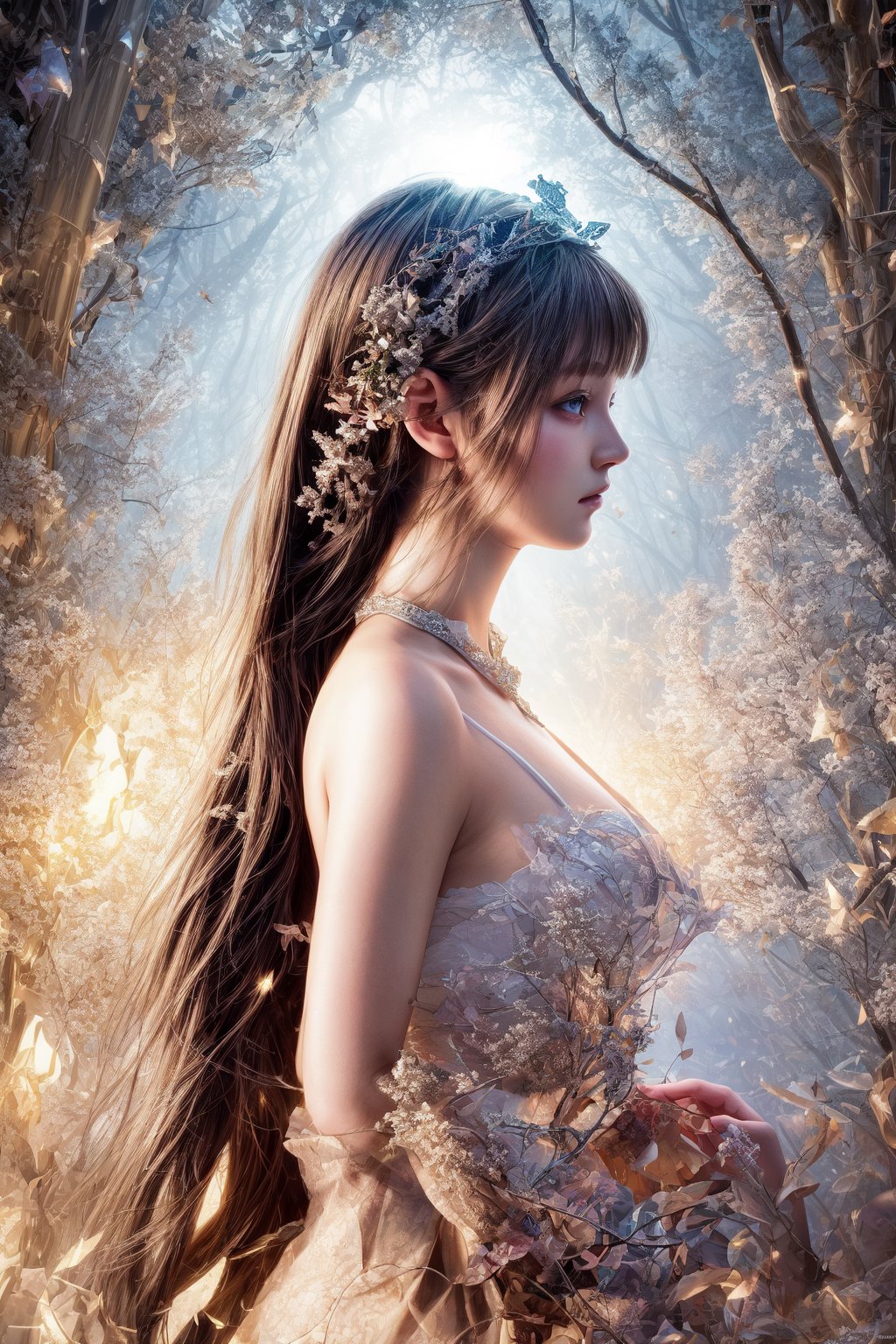 Softbox studio lighting casts a warm glow on the hyperrealistic digital artwork, featuring a female model composed of intricately detailed puzzle pieces. Her serene expression contrasts with the dynamic disassembly of her right side, as fragments scatter into the air. The subtle color palette of natural tones emphasizes the surreal nature of the scene.