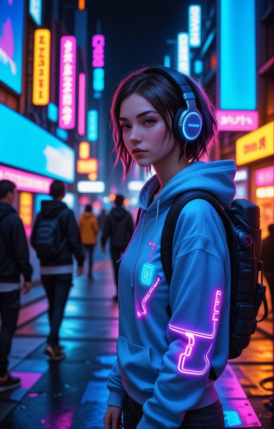 ((masterpiece)), ((best quality)), ((illustration)), Dreampolis, hyper-detailed digital illustration, cyberpunk, single girl with techsuite hoodie and headphones in the street, neon lights, lighting bar, city, cyberpunk city, film still, backpack, in megapolis, pro-lighting, high-res, masterpiece,<lora:659095807385103906:1.0>