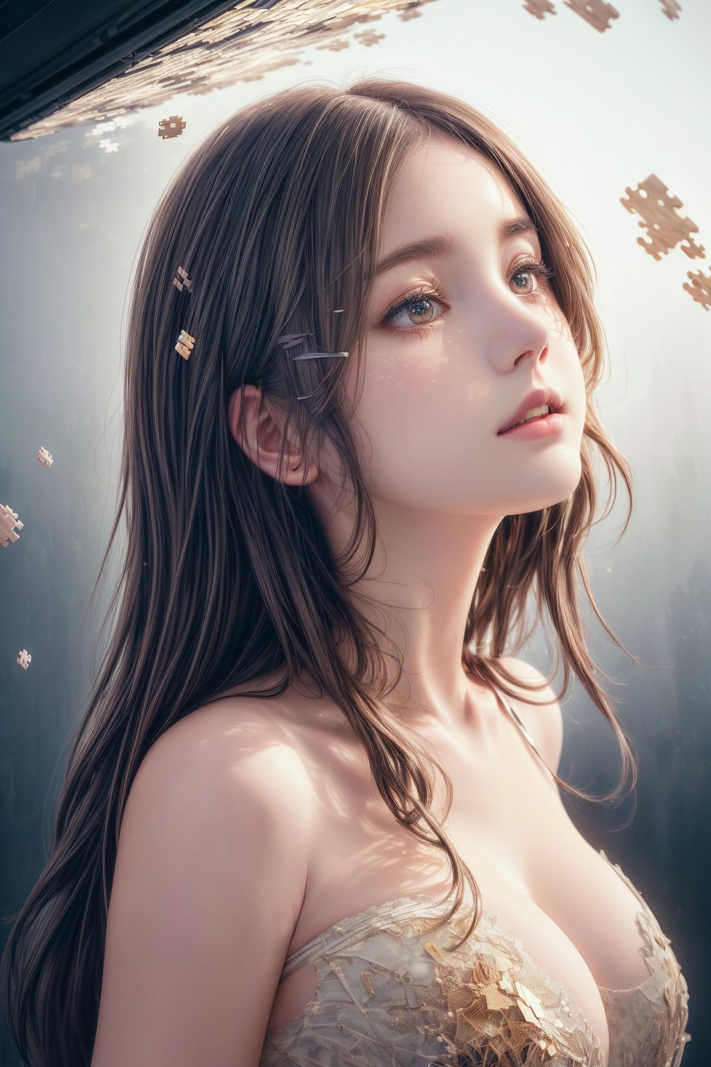 Softbox studio lighting casts a warm glow on the hyperrealistic digital artwork, featuring a female model composed of intricately detailed puzzle pieces. Her serene expression contrasts with the dynamic disassembly of her right side, as fragments scatter into the air. The subtle color palette of natural tones emphasizes the surreal nature of the scene.