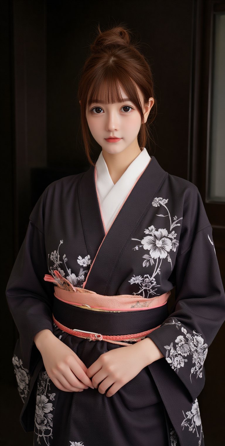 A very beautiful girl looking at viewer, kimono, dark theme, front view, upper body, masterpiece quality, stunning image, digital art, professional style, pretty detailed, perfect anatomy, Sumi-e,洛可可藝術,绝美之作。,Una