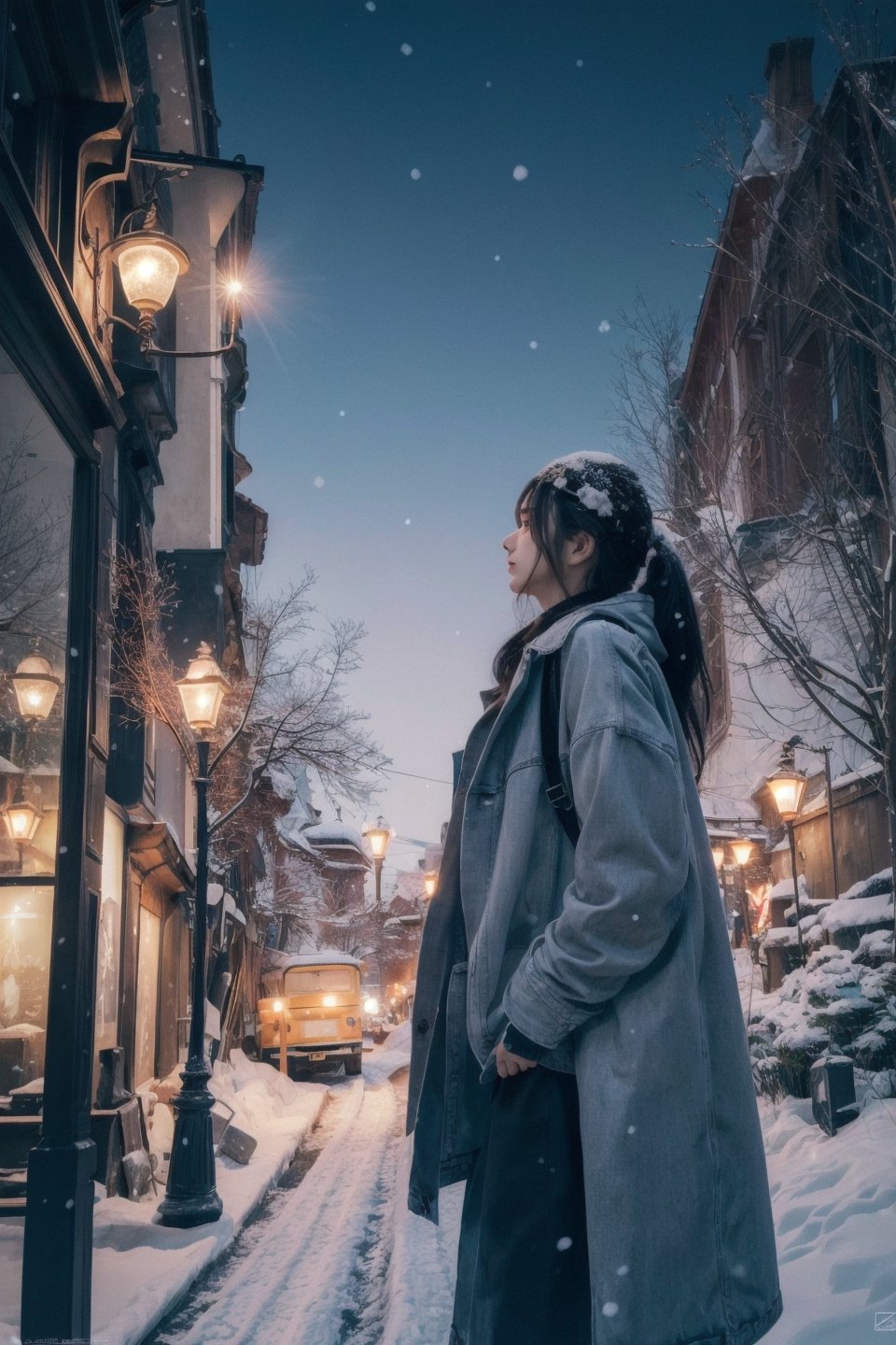 a woman, light snow falling, romantic atomsphere, intricate brush strokes, beautiful lighting, Color Grading, Unreal Engine, creative, expressive, stylized anatomy, digital art, Adobe Photoshop,  