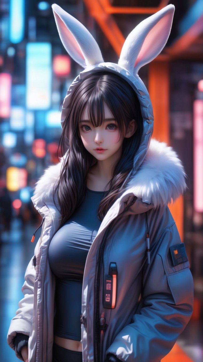 Inside , (futuristic detailed realistic background:1.3), (official art, beautiful and aesthetic:1.2), realistic lighting, 1girl, (rabbit fluffy parka coat:1.3), perfect eyes, blurry background, hair ornament, lips, looking at viewer, flat chest, navel, pauldrons, twintails , solo, ( cute, petite:1.2 ), slender,