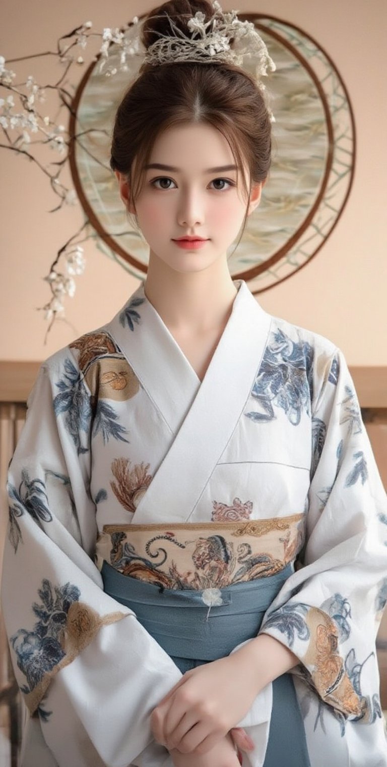 A very beautiful girl looking at viewer, kimono, light theme, front view, upper body, masterpiece quality, stunning image, digital art, professional style, pretty detailed, perfect anatomy, Sumi-e,洛可可藝術,绝美之作。,Una