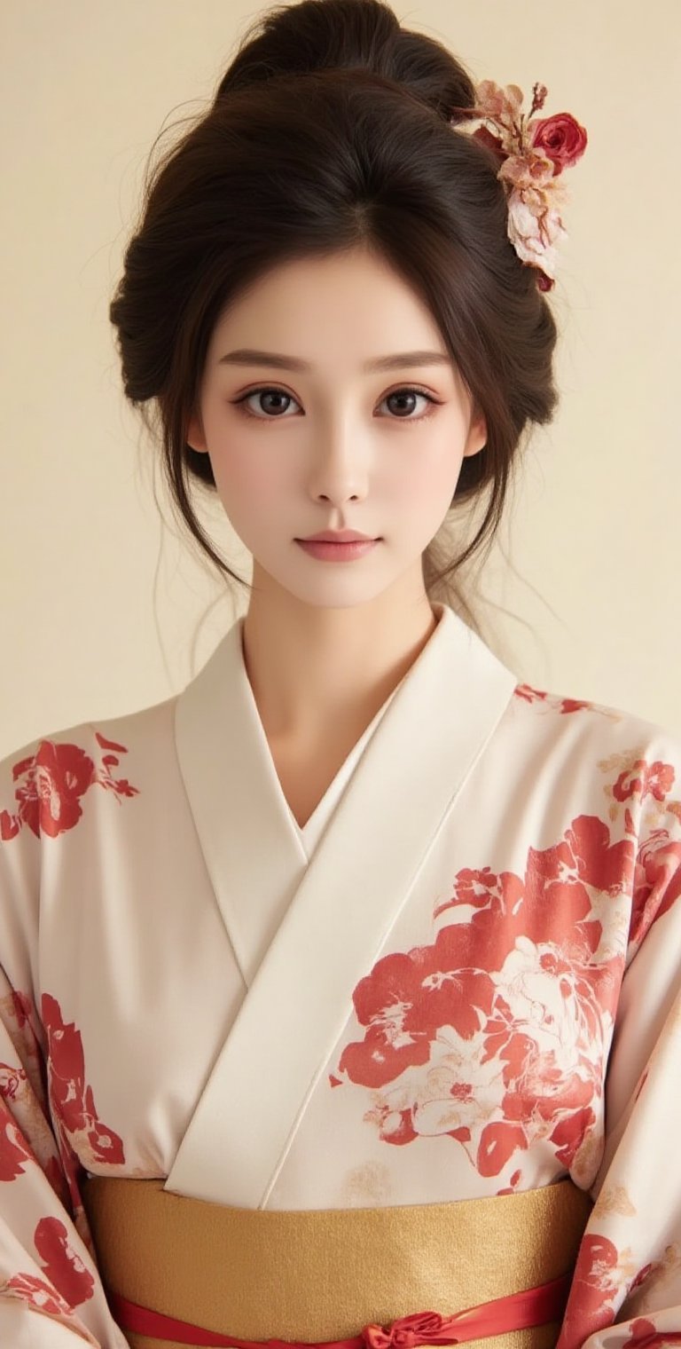 A very beautiful girl looking at viewer, kimono, light theme, front view, upper body, masterpiece quality, stunning image, digital art, professional style, pretty detailed, perfect anatomy, Sumi-e,洛可可藝術,绝美之作。,Una