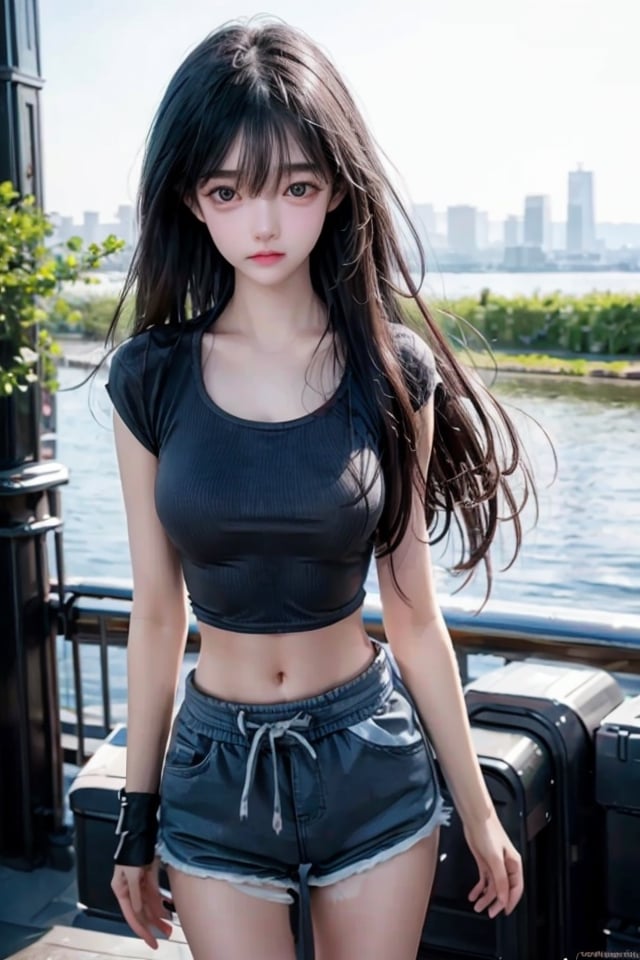 (medium full shot:1.4), Best quality,  masterpiece,  ultra high res,  (photorealistic:1.37),  raw photo,  a young girl named Nancy,  17 year old,  long hair in the wind,  grey eyes,  detailed eyes and face,  perfect pose, waist, blue short pants, crop top,   dynamic lighting,  in the dark,  deep shadow,  low key,  cinematic image, bright city,  floting city on the background., 
