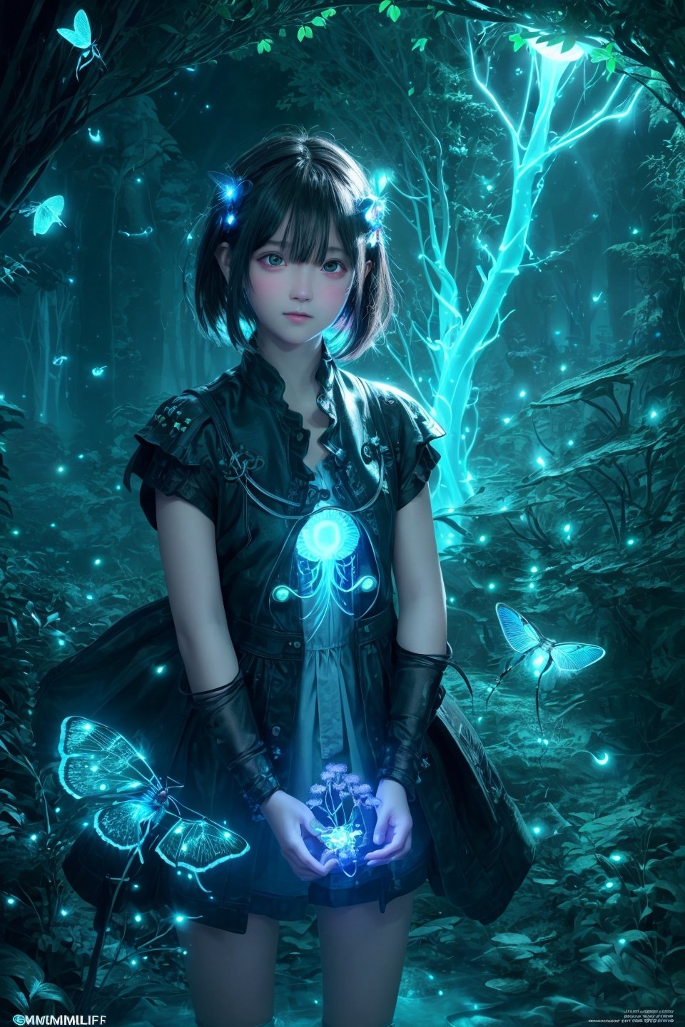 Ultra detailed illustration of a girl lost in a magical world of wonders, short hair,  glowy, bioluminescent flora, incredibly detailed, digital art, art by Mschiffer, night, red and blue bioluminescence,firefliesfireflies