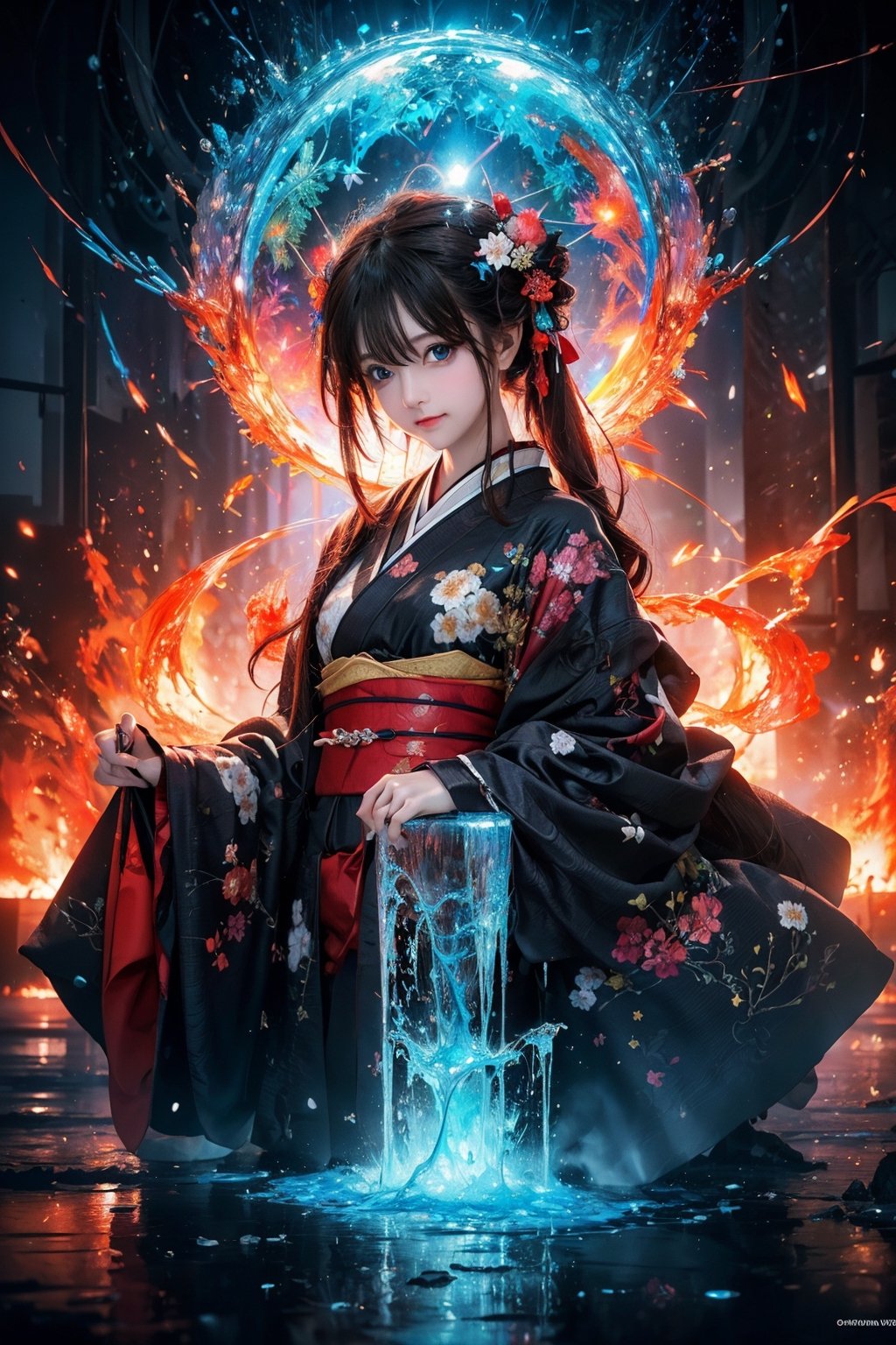 (masterpiece,  top quality,  best quality,  official art,  beautiful and aesthetic:1.2),  medium full shot, (1girl), tiny and tall,  kimono girl, extreme detailed, (abstract,  fractal art:1.3), colorful hair, highest detailed,  detailed_eyes,  fire,  water,  ice,  lightning,  light_particles,  ,midjourney